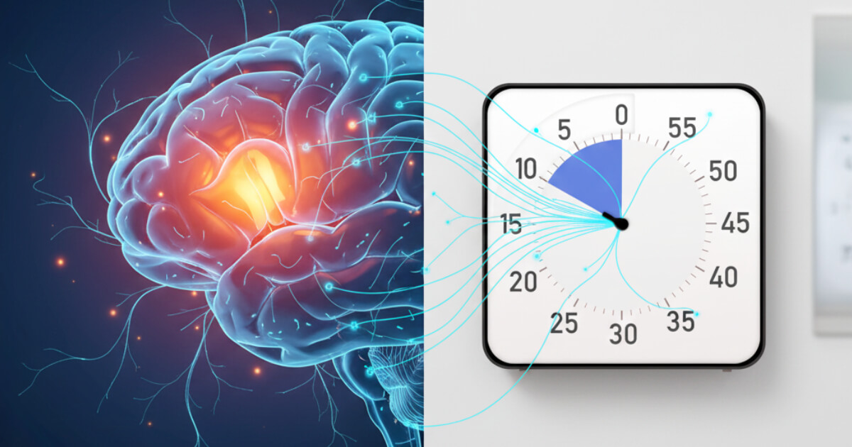 Brain illustration showing visual processing of time perception